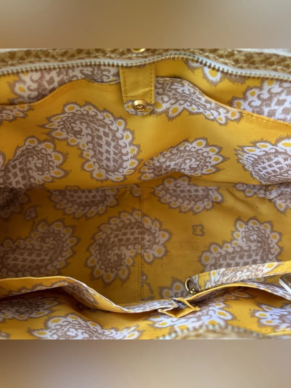 ERIC JAVITS Isla “Squishee” Straw & White Grosgrain Tote w/ Gold Leather Straps